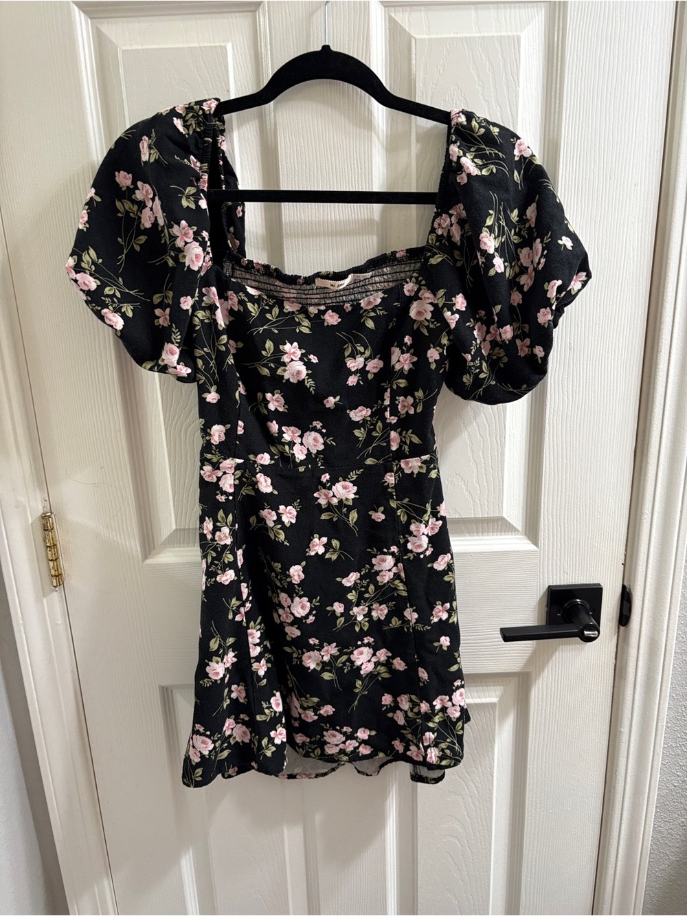 Black Floral Mini Dress with cute out back with Pink Blossoms